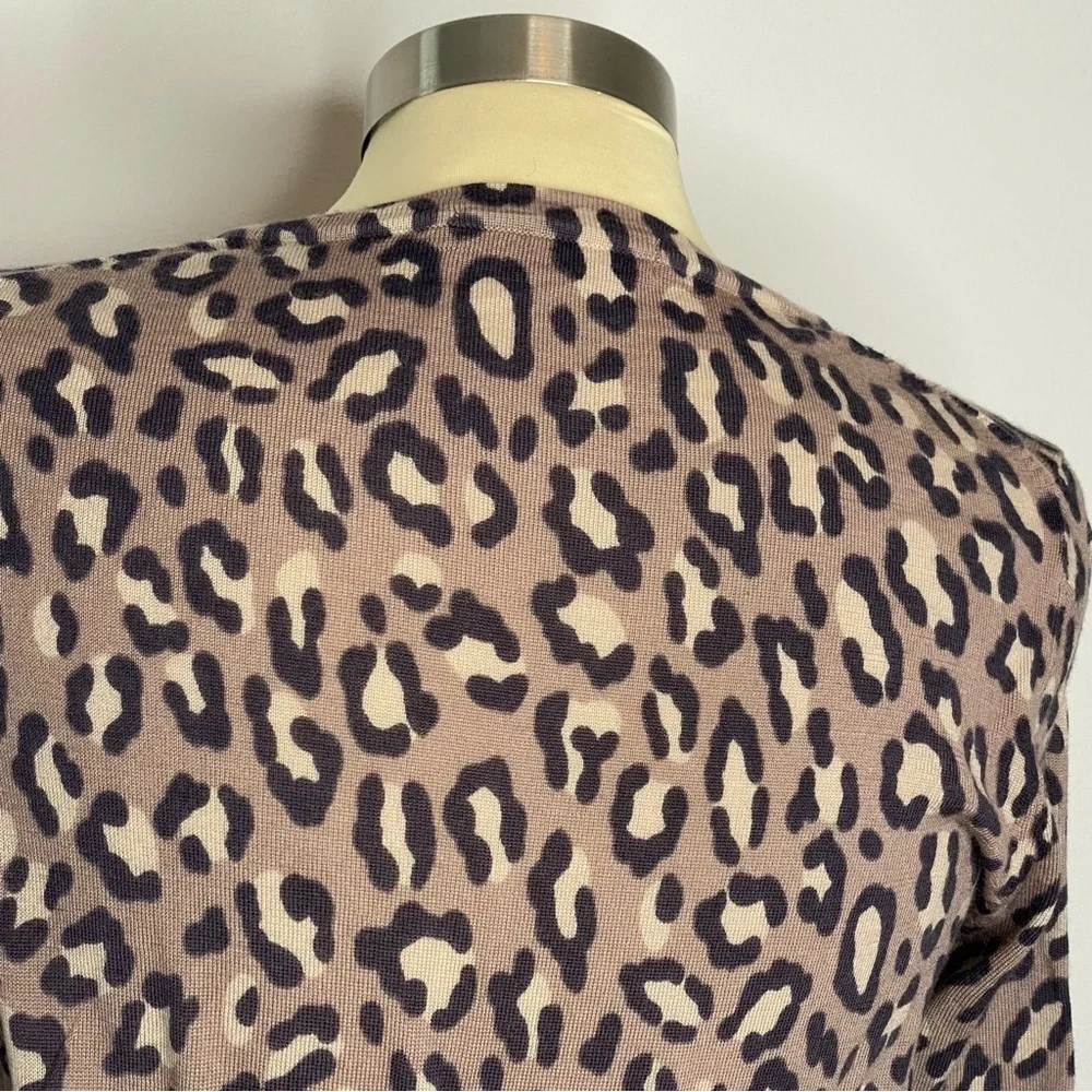 Boden Leopard Wool Button Front Crew Neck Cardigan Sweater